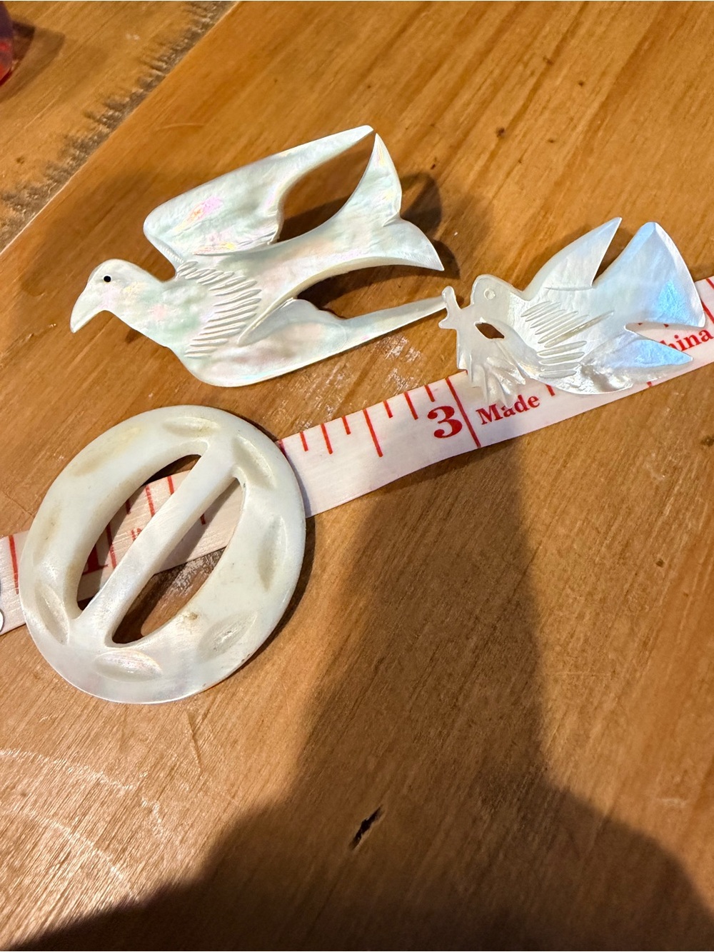 Vintage Mother of Pearl 3-Piece Lot: Hand-Carved Peace Dove Pins & Scarf Slide